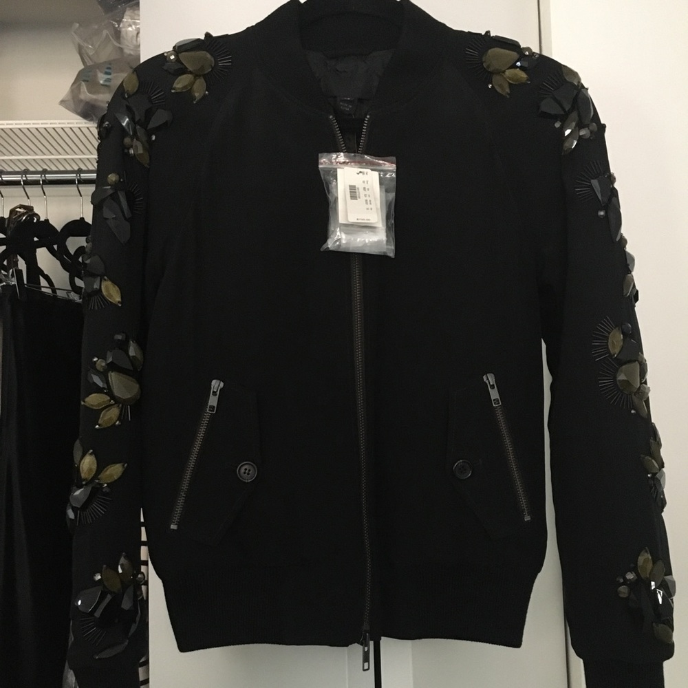 New Jcrew Collection black silk embellished bomber jacket- Sz XS